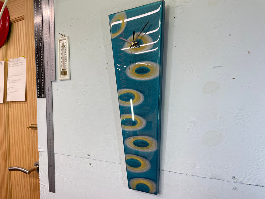 Narrow Turquoise Silver and Gold Abstract Resin Wall Clock