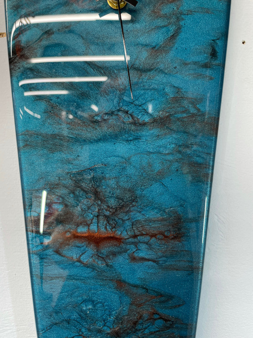 Narrow Turquoise and Copper Abstract Resin Wall Clock