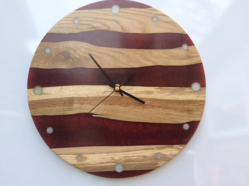 English Oak and Red Russet Wall Clock, Funky Clock 