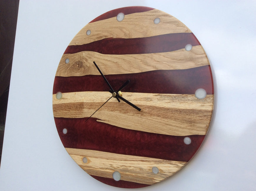 English Oak and Red Russet Wall Clock, Funky Clock 