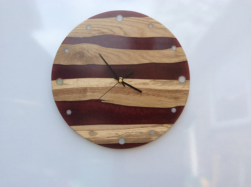 English Oak and Red Russet Wall Clock, Funky Clock 