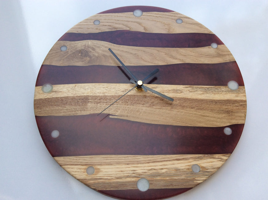 English Oak and Red Russet Wall Clock, Funky Clock 